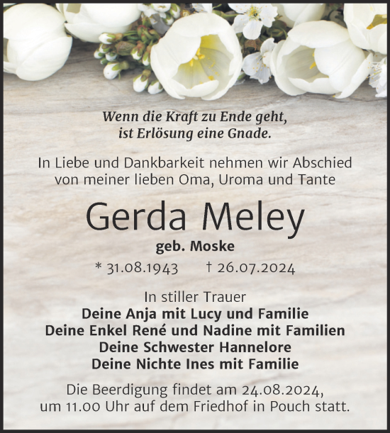 Traueranzeige von Gerda Meley von SuperSonntag Bitterfeld