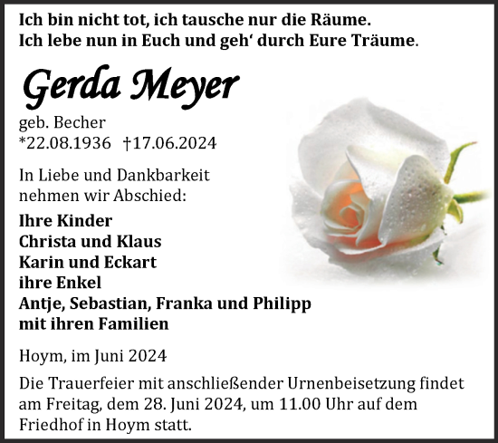 Traueranzeige von Gerda Meyer von Trauerkombi Aschersleben