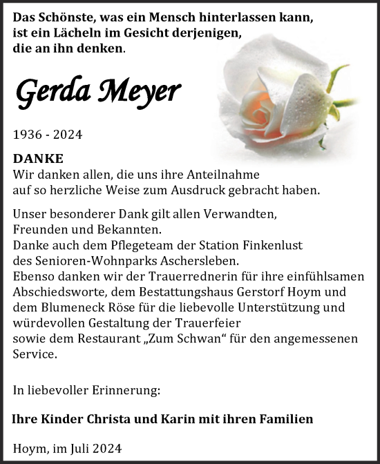 Traueranzeige von Gerda Meyer von Trauerkombi Aschersleben
