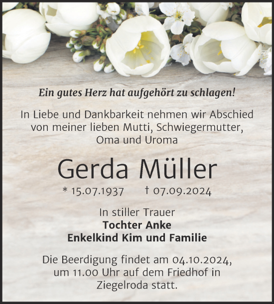 Traueranzeige von Gerda Müller von Mitteldeutsche Zeitung Merseburg/Querfurt