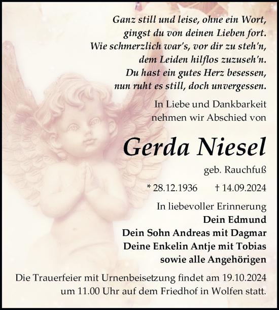 Traueranzeige von Gerda Niesel von Trauerkombi Bitterfeld