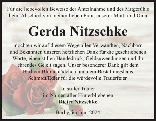 Traueranzeige von Gerda Nitzschke von Volksstimme Schönebeck