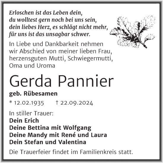 Traueranzeige von Gerda Pannier von Trauerkombi Mansfelder Land