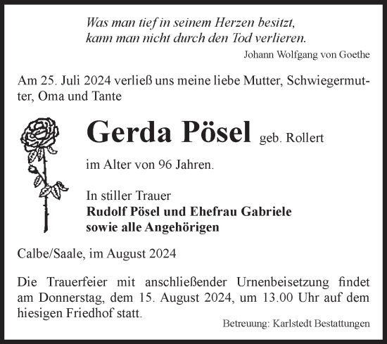 Traueranzeige von Gerda Pösel von Volksstimme Schönebeck