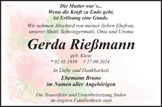 Traueranzeige von Gerda Rießmann von Volksstimme Zerbst