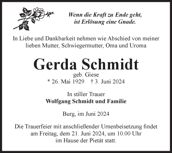 Traueranzeige von Gerda Schmidt von Volksstimme Burg/Genthin