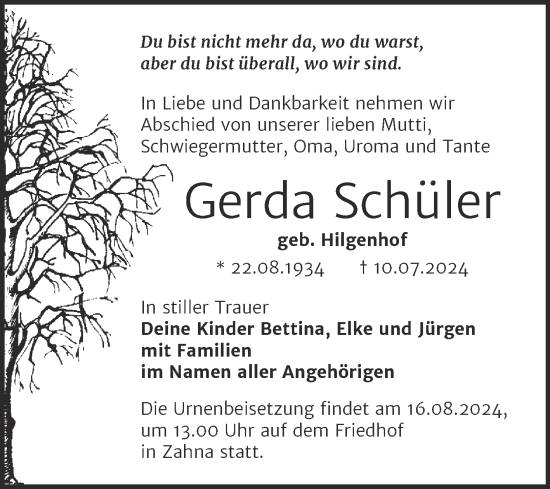 Traueranzeige von Gerda Schüler von Trauerkombi Wittenberg