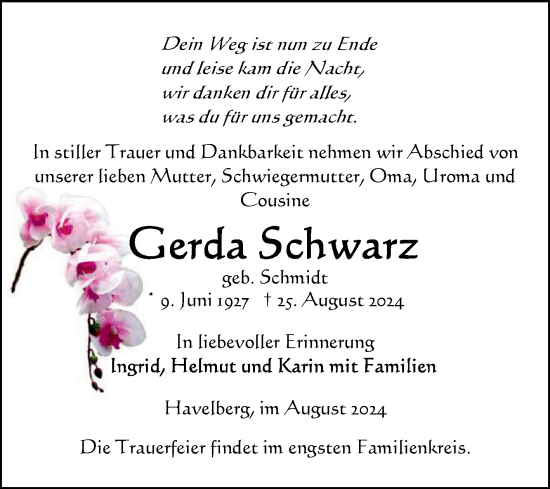 Traueranzeige von Gerda Schwarz von Volksstimme Altmark Ost