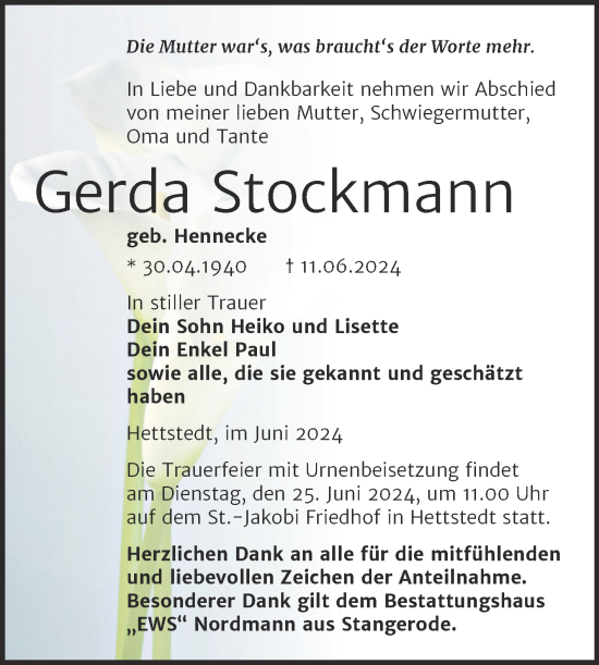 Traueranzeige von Gerda Stockmann von Trauerkombi Mansfelder Land