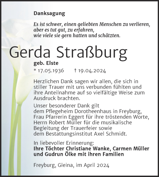 Traueranzeige von Gerda Straßburg von Super Sonntag Naumburg/Nebra