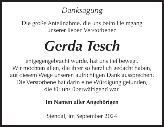 Traueranzeige von Gerda Tesch von Volksstimme Altmark Ost