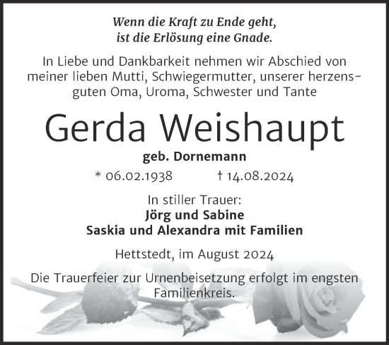 Traueranzeige von Gerda Weishaupt von Trauerkombi Mansfelder Land