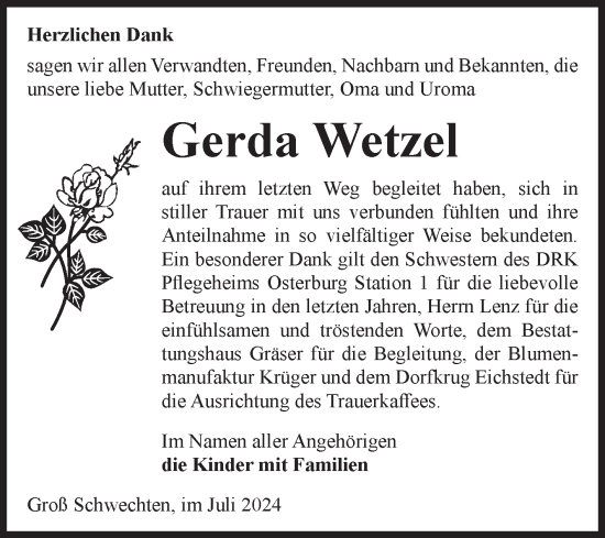 Traueranzeige von Gerda Wetzel von Volksstimme Altmark Ost
