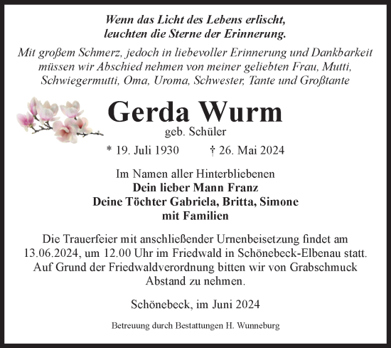 Traueranzeige von Gerda Wurm von Volksstimme Schönebeck