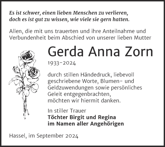 Traueranzeige von Gerda Anna Zorn von Trauerkombi Zeitz