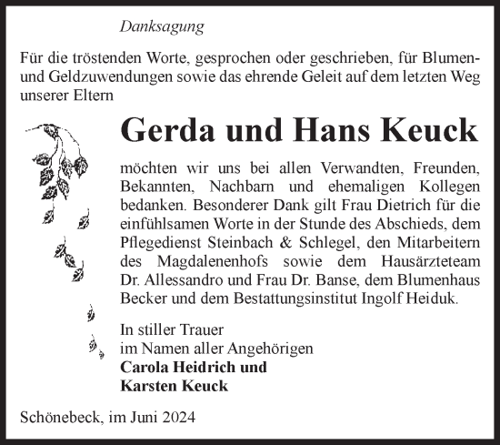 Traueranzeige von Gerda und Hans Keuck von Volksstimme Schönebeck