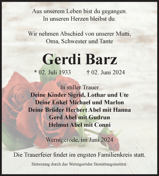 Traueranzeige von Gerdi Barz von Volksstimme Wernigerode