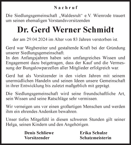 Traueranzeige von Gerd Werner Schmidt von Volksstimme Wernigerode