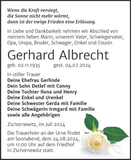 Traueranzeige von Gerhard Albrecht von Trauerkombi Wittenberg