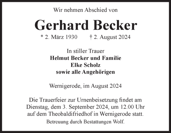 Traueranzeige von Gerhard Becker von Volksstimme Wernigerode