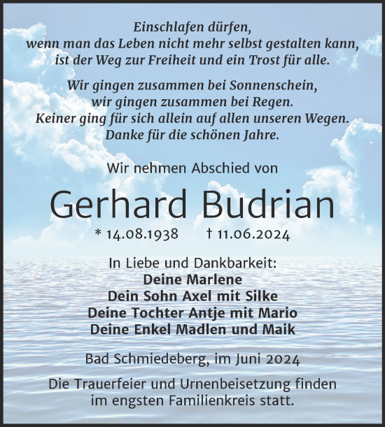 Traueranzeige von Gerhard Budrian von Trauerkombi Wittenberg
