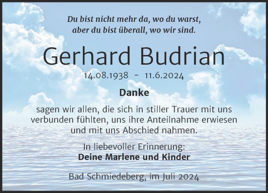 Traueranzeige von Gerhard Budrian von Trauerkombi Wittenberg