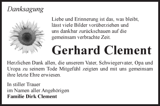 Traueranzeige von Gerhard Clement von Volksstimme Wernigerode