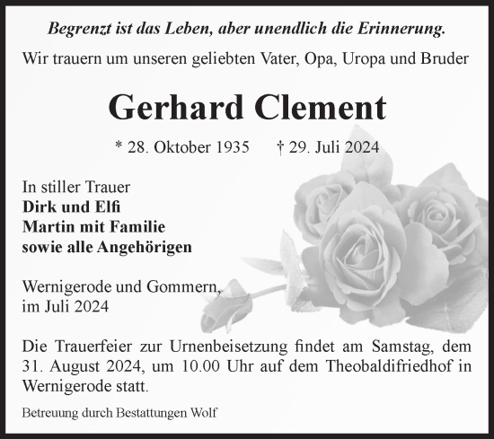 Traueranzeige von Gerhard Clement von Volksstimme Burg/Genthin