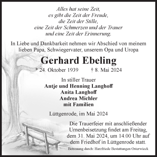 Traueranzeige von Gerhard Ebeling von Volksstimme Halberstadt