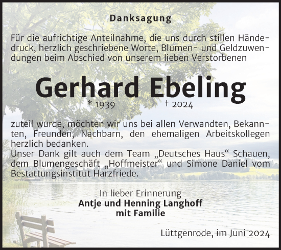 Traueranzeige von Gerhard Ebeling von Volksstimme Halberstadt