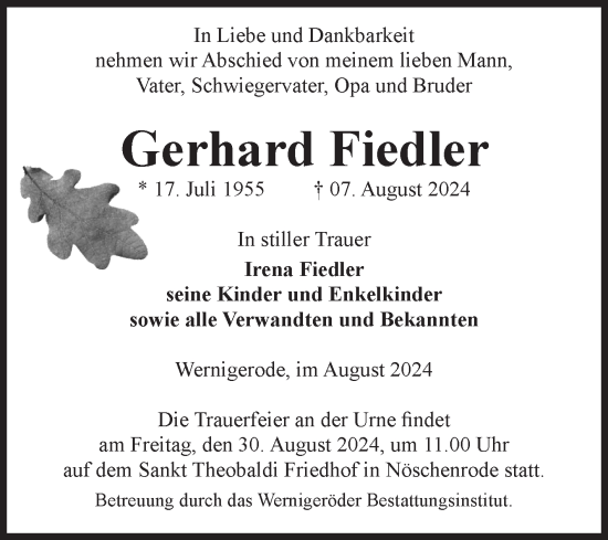 Traueranzeige von Gerhard Fiedler von Volksstimme Wernigerode