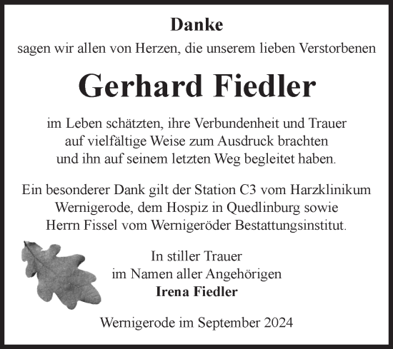 Traueranzeige von Gerhard Fiedler von Volksstimme Wernigerode