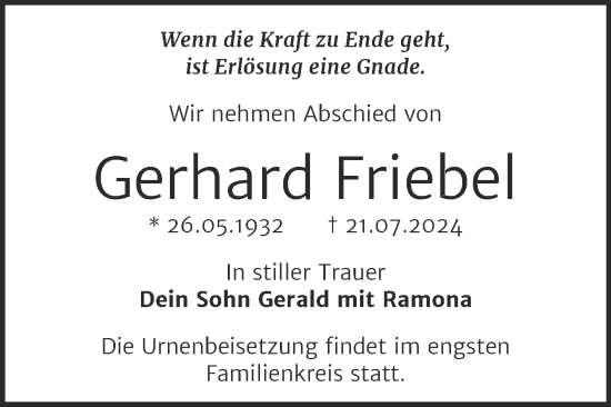 Traueranzeige von Gerhard Friebel von Trauerkombi Bitterfeld