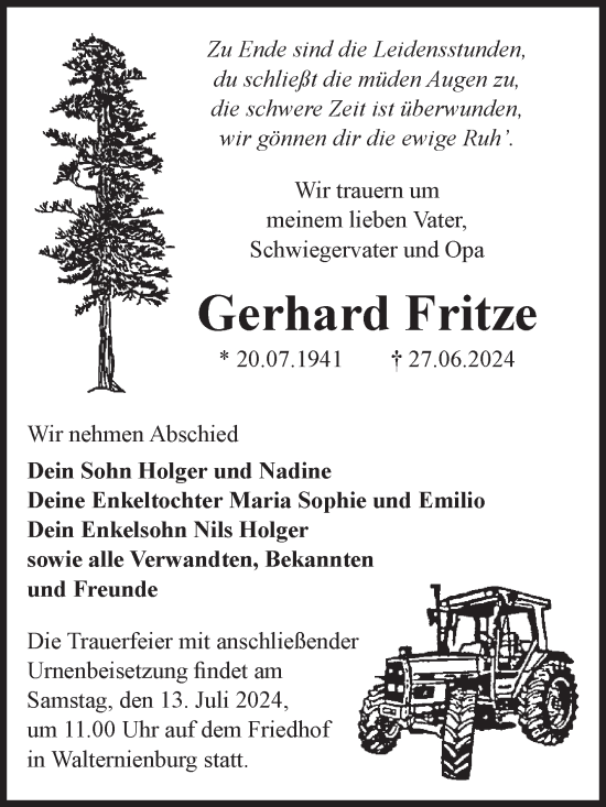 Traueranzeige von Gerhard Fritze von Volksstimme Zerbst