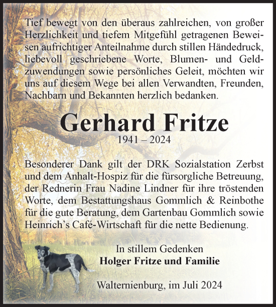 Traueranzeige von Gerhard Fritze von Volksstimme Zerbst