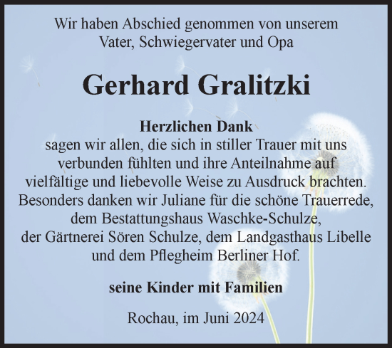 Traueranzeige von Gerhard Gralitzki von Volksstimme Altmark Ost