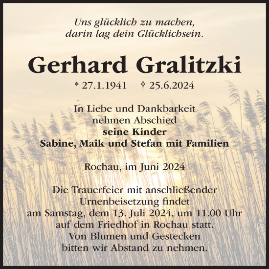 Traueranzeige von Gerhard Gralitzki von Volksstimme Altmark Ost