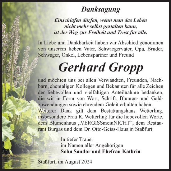 Traueranzeige von Gerhard Gropp von Volksstimme Staßfurt