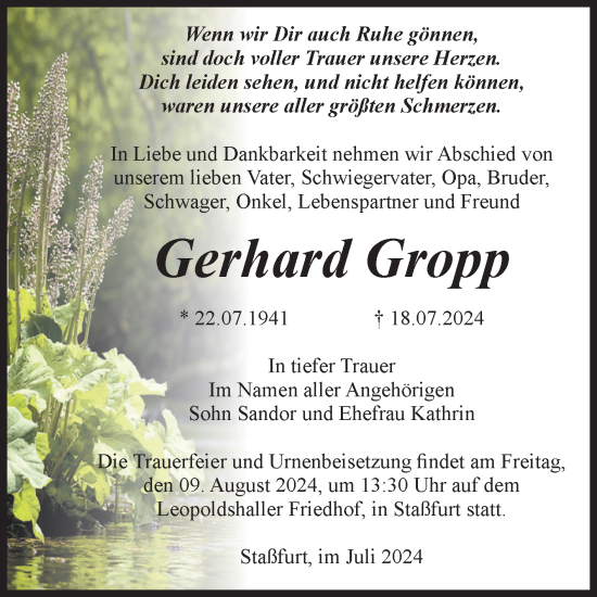 Traueranzeige von Gerhard Gropp von Volksstimme Staßfurt