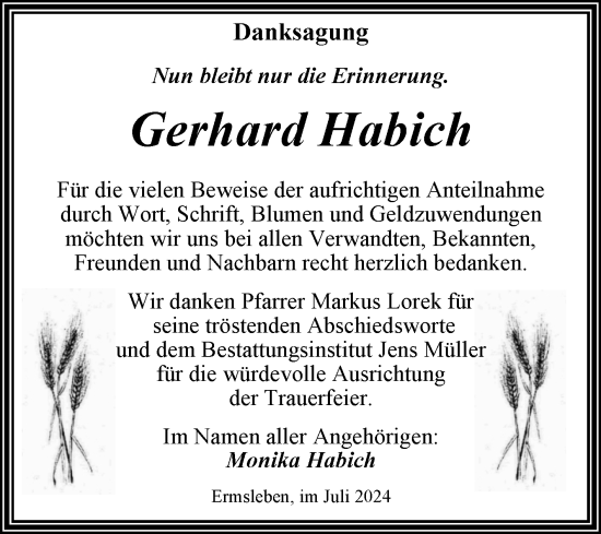 Traueranzeige von Gerhard Habich von Trauerkombi Quedlinburg