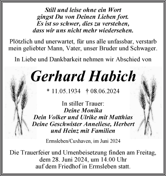 Traueranzeige von Gerhard Habich von Trauerkombi Quedlinburg