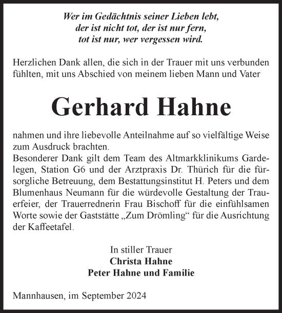 Traueranzeige von Gerhard Hahne von Volksstimme Haldensleben/Wolmirstedt