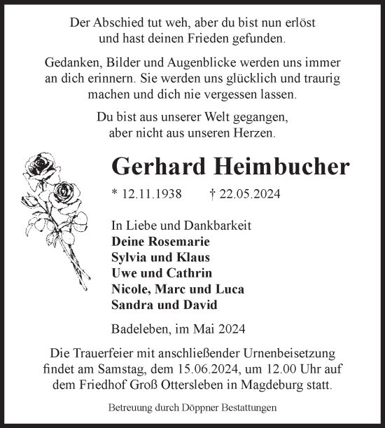 Traueranzeige von Gerhard Heimbucher von Volksstimme Oschersleben/Wanzleben