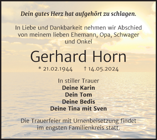 Traueranzeige von Gerhard Horn von Trauerkombi Bitterfeld