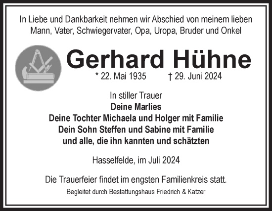 Traueranzeige von Gerhard Hühne von Volksstimme Wernigerode