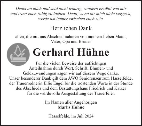 Traueranzeige von Gerhard Hühne von Volksstimme Wernigerode