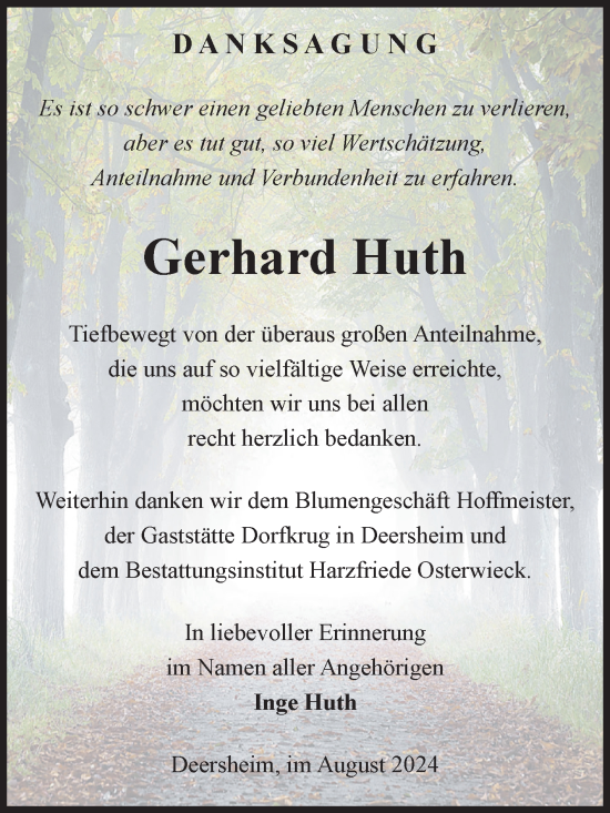 Traueranzeige von Gerhard Huth von Volksstimme Halberstadt