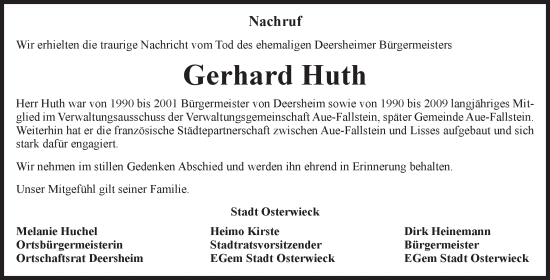 Traueranzeige von Gerhard Huth von Volksstimme Halberstadt