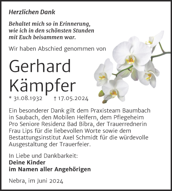 Traueranzeige von Gerhard Kämpfer von Super Sonntag Naumburg/Nebra