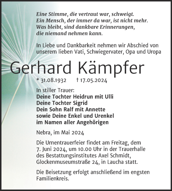Traueranzeige von Gerhard Kämpfer von Super Sonntag Naumburg/Nebra